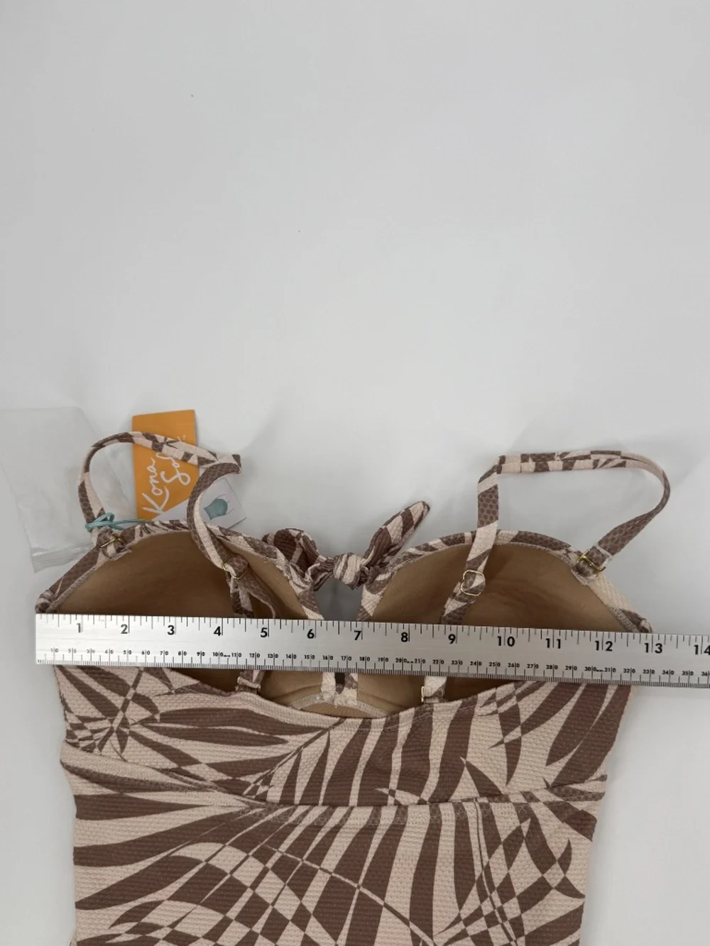 One Piece Swimsuit Palm Leaf Tan Brown Front Tie Keyhole Ruched Women XS